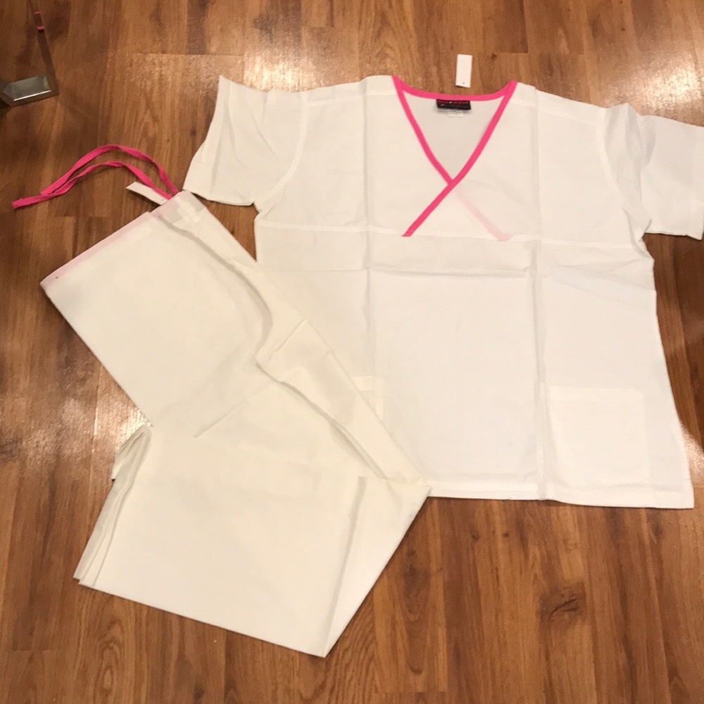 White and pink scrub set